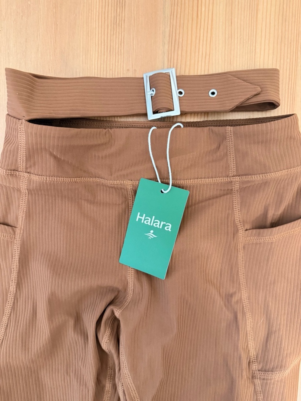 NWT Halara Ribbed Leggings XS Camel Brown High Rise Pocket Pants Belt Detail